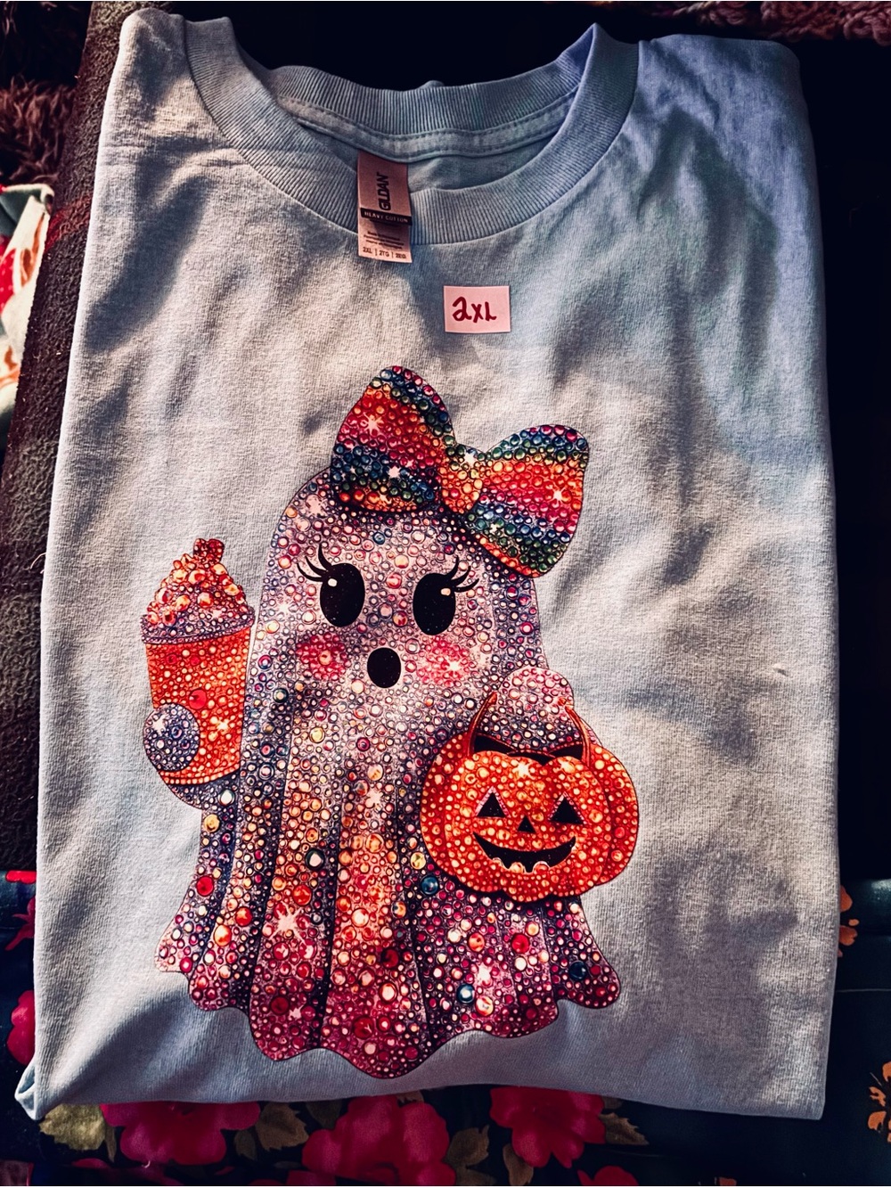 Gildan Light Blue Short Sleeve Halloween shirt with Colorful Ghost /pumpkin